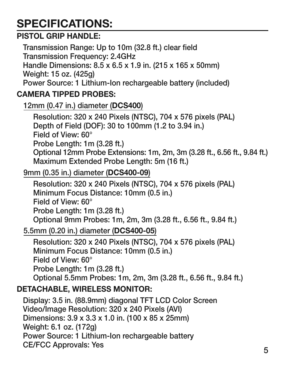 Specifications | General Tools and Instruments DCS400/DCS400-05/DCS400-09 v.1 User Manual | Page 5 / 24
