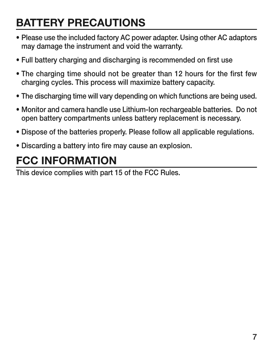 Battery precautions, Fcc information | General Tools and Instruments DCS400/DCS400-05/DCS400-09 v.1 User Manual | Page 7 / 24