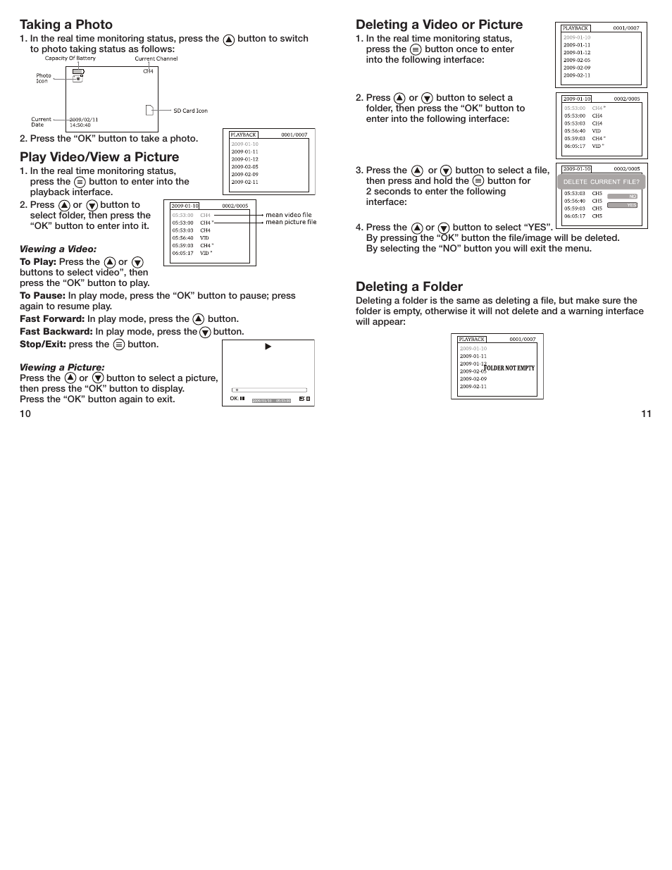 Taking a photo, Play video/view a picture, Deleting a video or picture | Deleting a folder | General Tools and Instruments DCS400-495 User Manual | Page 10 / 10