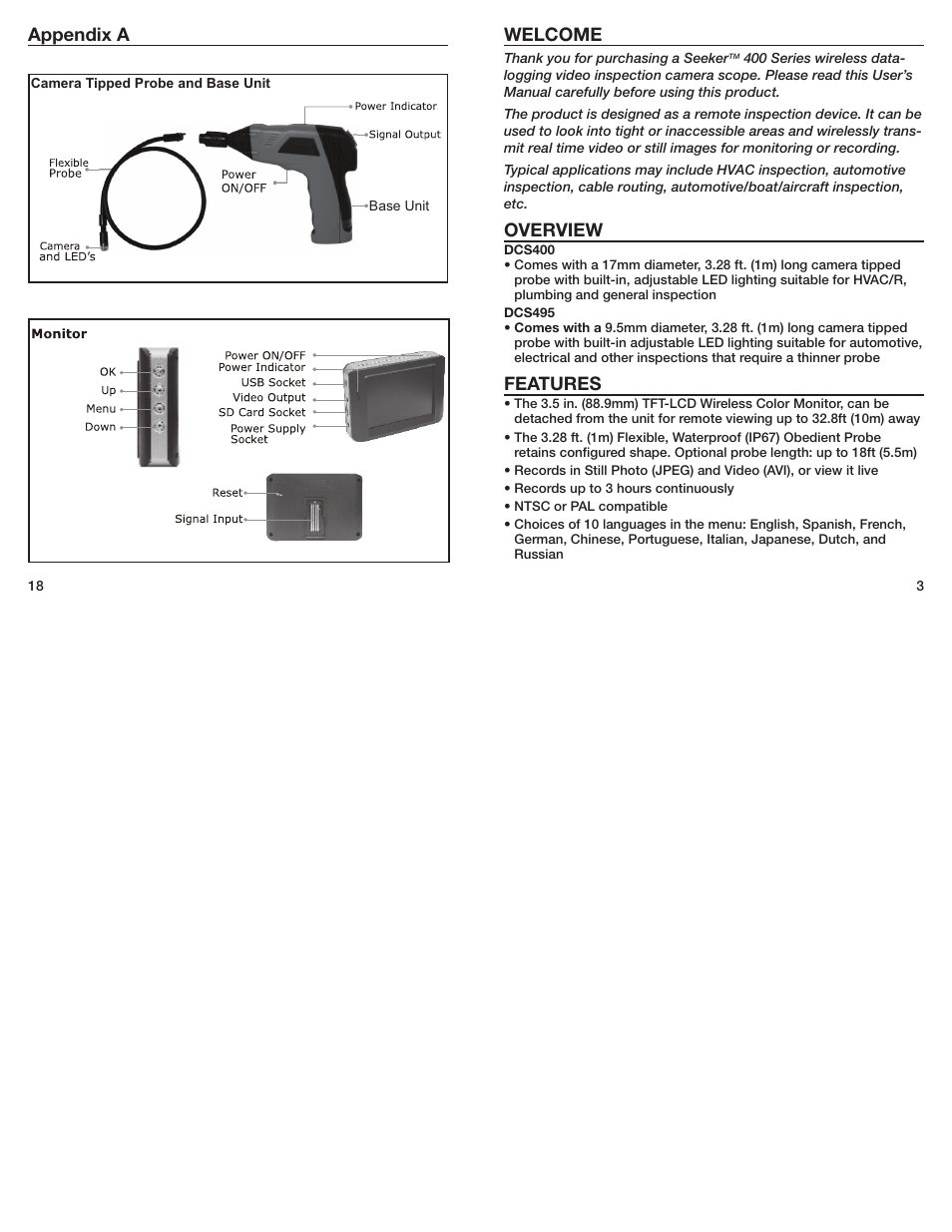Welcome, Overview, Features | Appendix a | General Tools and Instruments DCS400-495 User Manual | Page 3 / 10