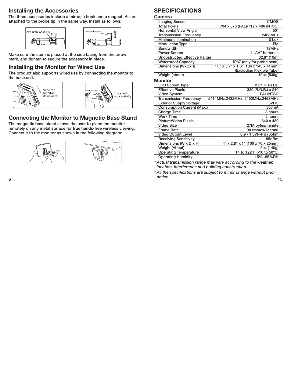Specifications, Installing the accessories, Installing the monitor for wired use | Connecting the monitor to magnetic base stand | General Tools and Instruments DCS400-495 User Manual | Page 6 / 10