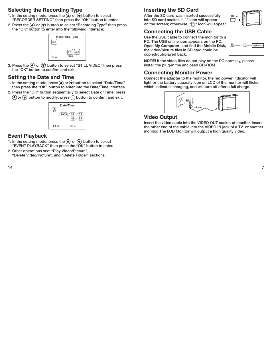 Inserting the sd card, Connecting the usb cable, Connecting monitor power | Video output, Selecting the recording type, Setting the date and time, Event playback | General Tools and Instruments DCS400-495 User Manual | Page 7 / 10