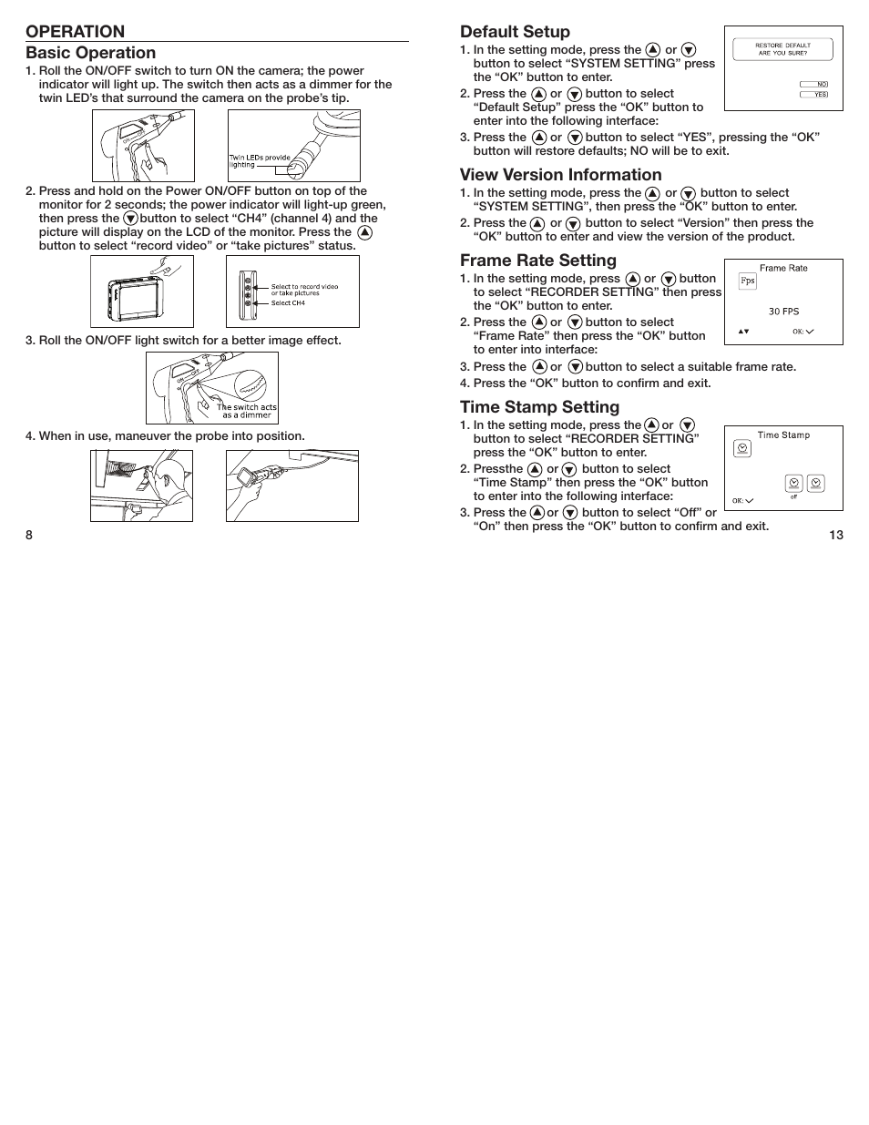 Default setup, View version information, Frame rate setting | Time stamp setting, Operation basic operation | General Tools and Instruments DCS400-495 User Manual | Page 8 / 10