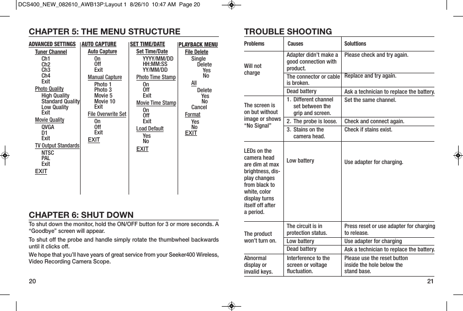 Chapter 5: the menu structure chapter 6: shut down, Trouble shooting | General Tools and Instruments DCS400/DCS400-05/DCS400-09 v.2 User Manual | Page 11 / 13
