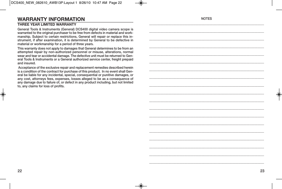 Warranty information | General Tools and Instruments DCS400/DCS400-05/DCS400-09 v.2 User Manual | Page 12 / 13