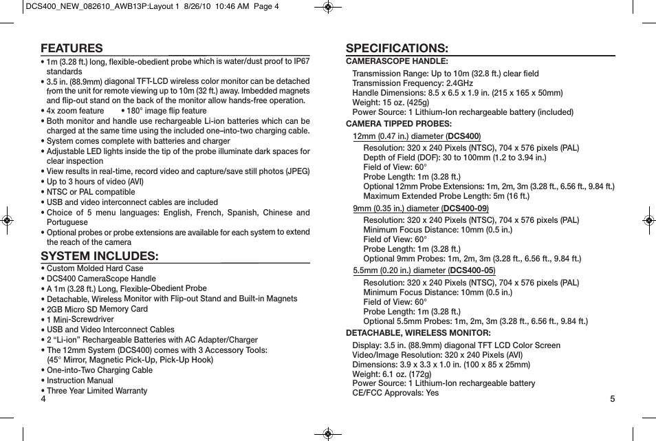 Specifications, Features, System includes | General Tools and Instruments DCS400/DCS400-05/DCS400-09 v.2 User Manual | Page 3 / 13