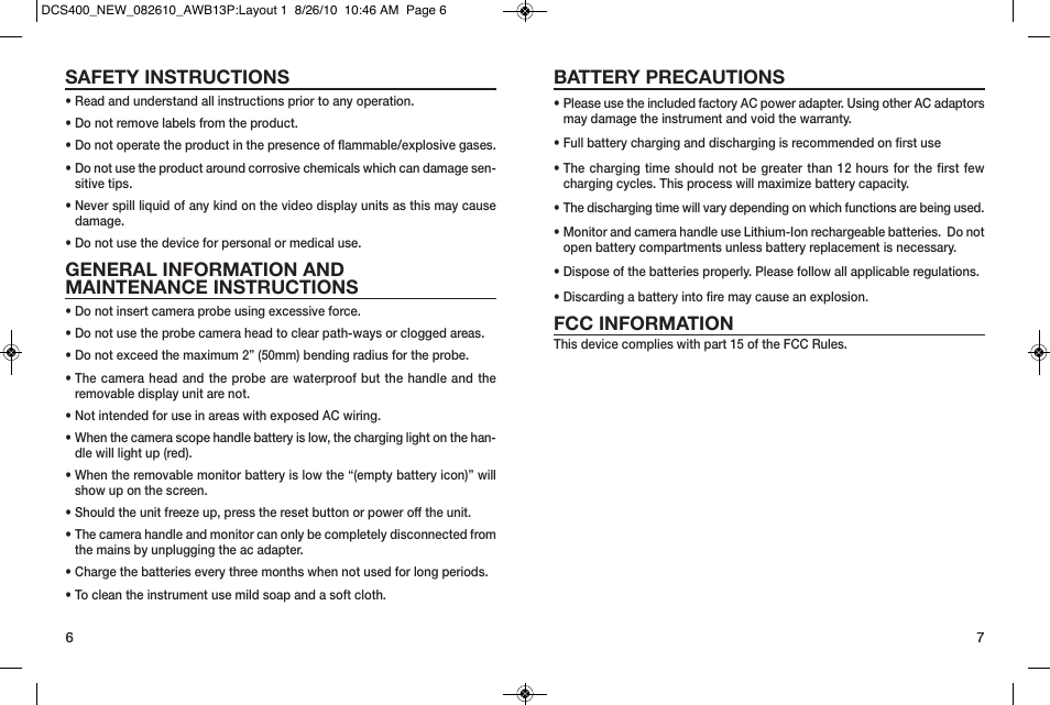 Battery precautions, Fcc information, Safety instructions | General information and maintenance instructions | General Tools and Instruments DCS400/DCS400-05/DCS400-09 v.2 User Manual | Page 4 / 13