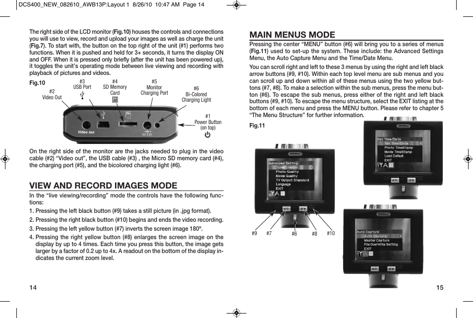 Main menus mode, View and record images mode | General Tools and Instruments DCS400/DCS400-05/DCS400-09 v.2 User Manual | Page 8 / 13