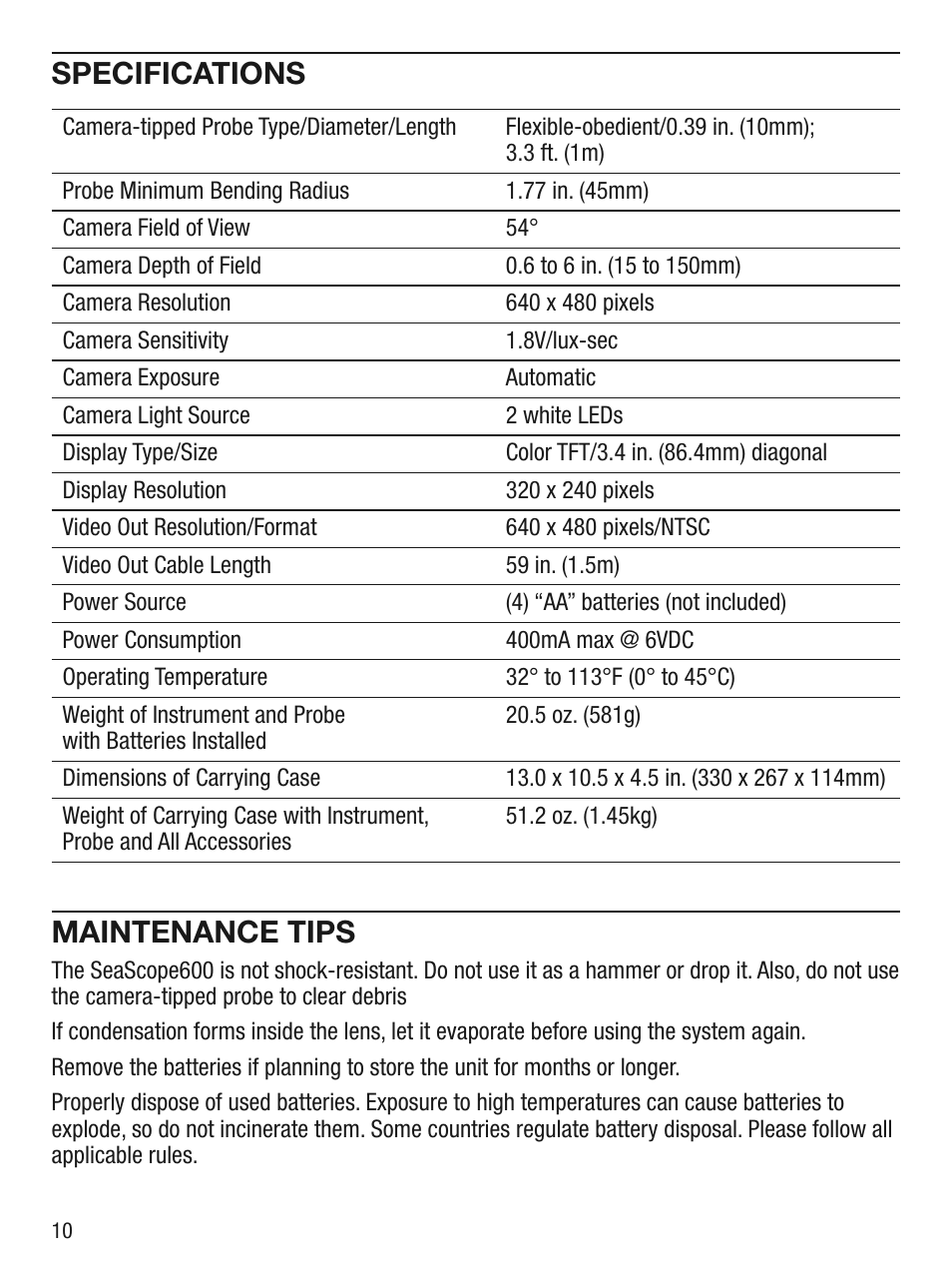 Specifications, Maintenance tips | General Tools and Instruments DCS600 User Manual | Page 10 / 12