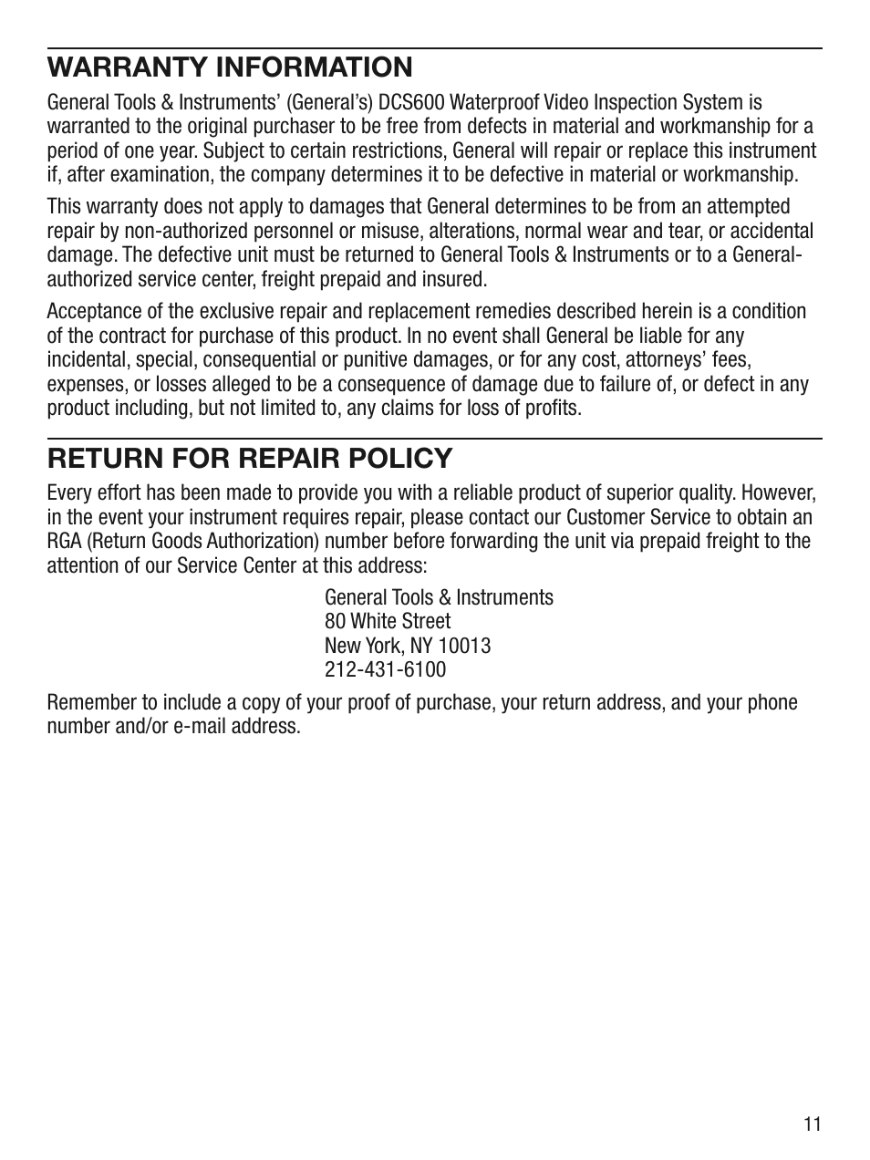 Warranty information, Return for repair policy | General Tools and Instruments DCS600 User Manual | Page 11 / 12