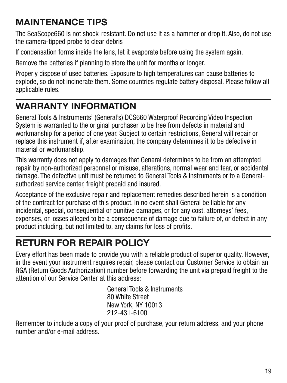Maintenance tips, Warranty information, Return for repair policy | General Tools and Instruments DCS660 User Manual | Page 19 / 20