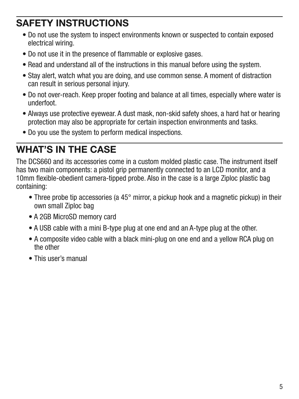 Safety instructions, What’s in the case | General Tools and Instruments DCS660 User Manual | Page 5 / 20