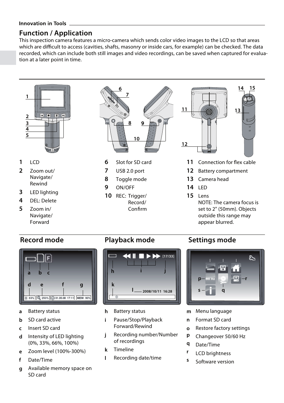 Function / application, Record mode playback mode, Settings mode | General Tools and Instruments DCS700 User Manual | Page 2 / 10