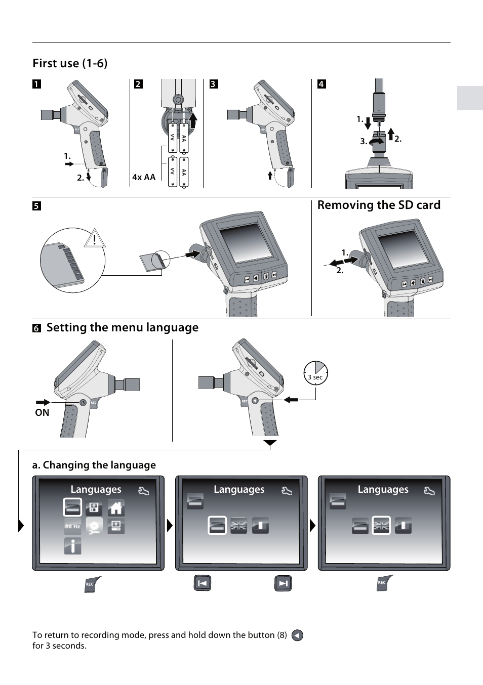 Setting the menu language, First use (1-6), Removing the sd card | A. changing the language, Languages | General Tools and Instruments DCS700 User Manual | Page 3 / 10