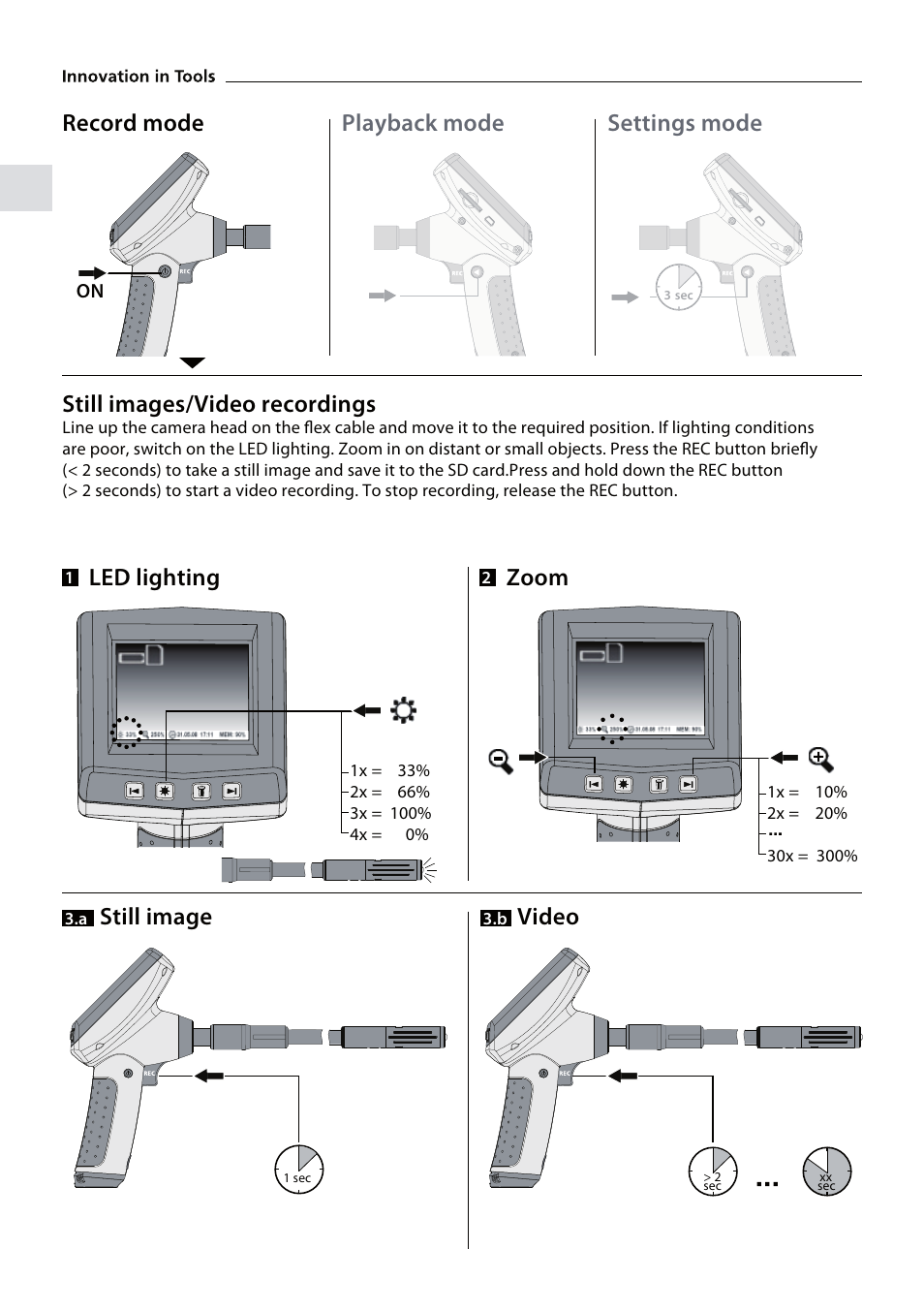 Record mode playback mode settings mode, Still images/video recordings, Still image video | Led lighting zoom | General Tools and Instruments DCS700 User Manual | Page 4 / 10