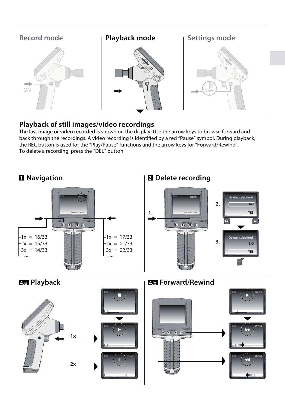 Record mode playback mode settings mode, Playback of still images/video recordings, Playback forward/rewind | Navigation delete recording | General Tools and Instruments DCS700 User Manual | Page 5 / 10
