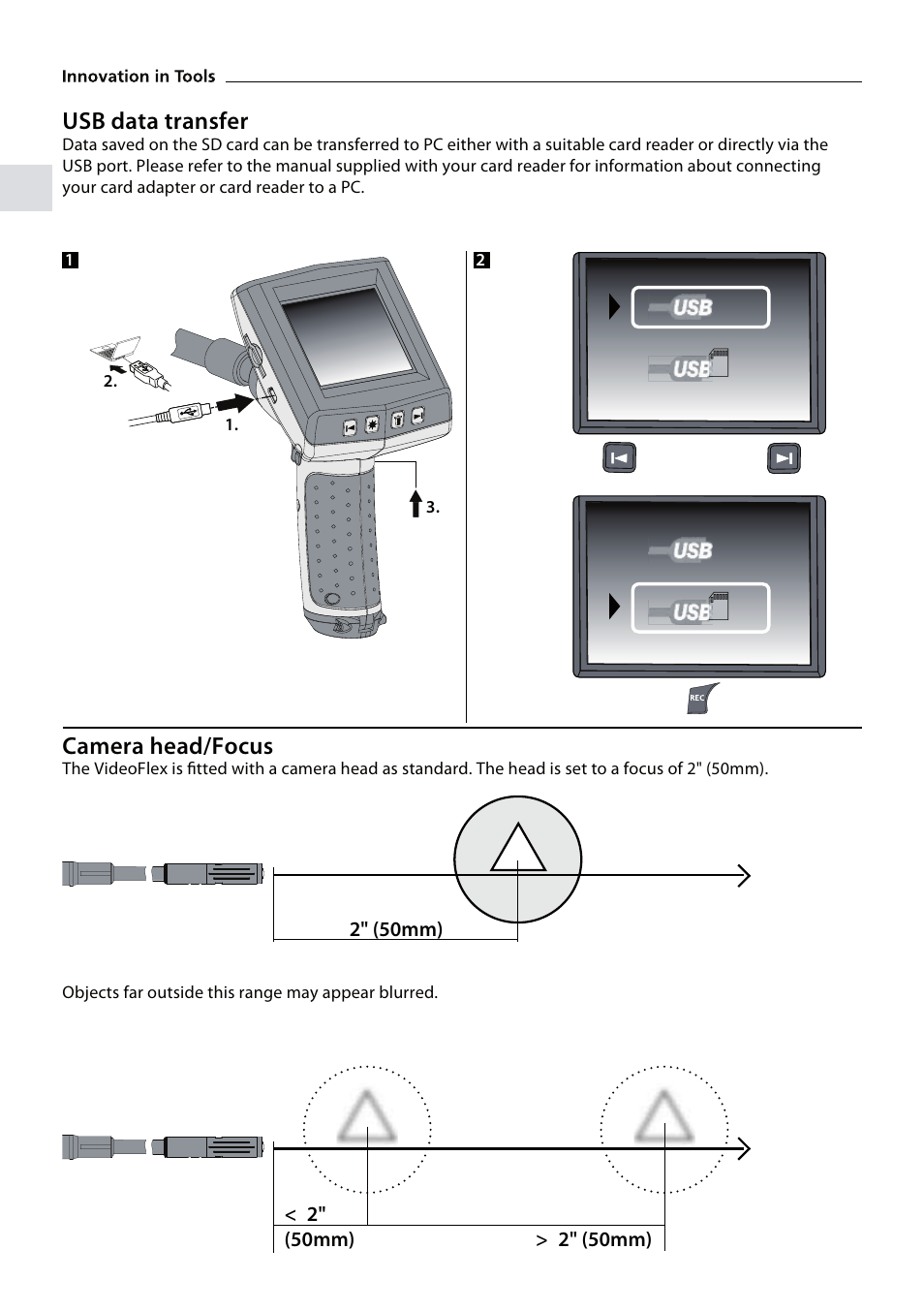 Usb data transfer, Camera head/focus | General Tools and Instruments DCS700 User Manual | Page 8 / 10