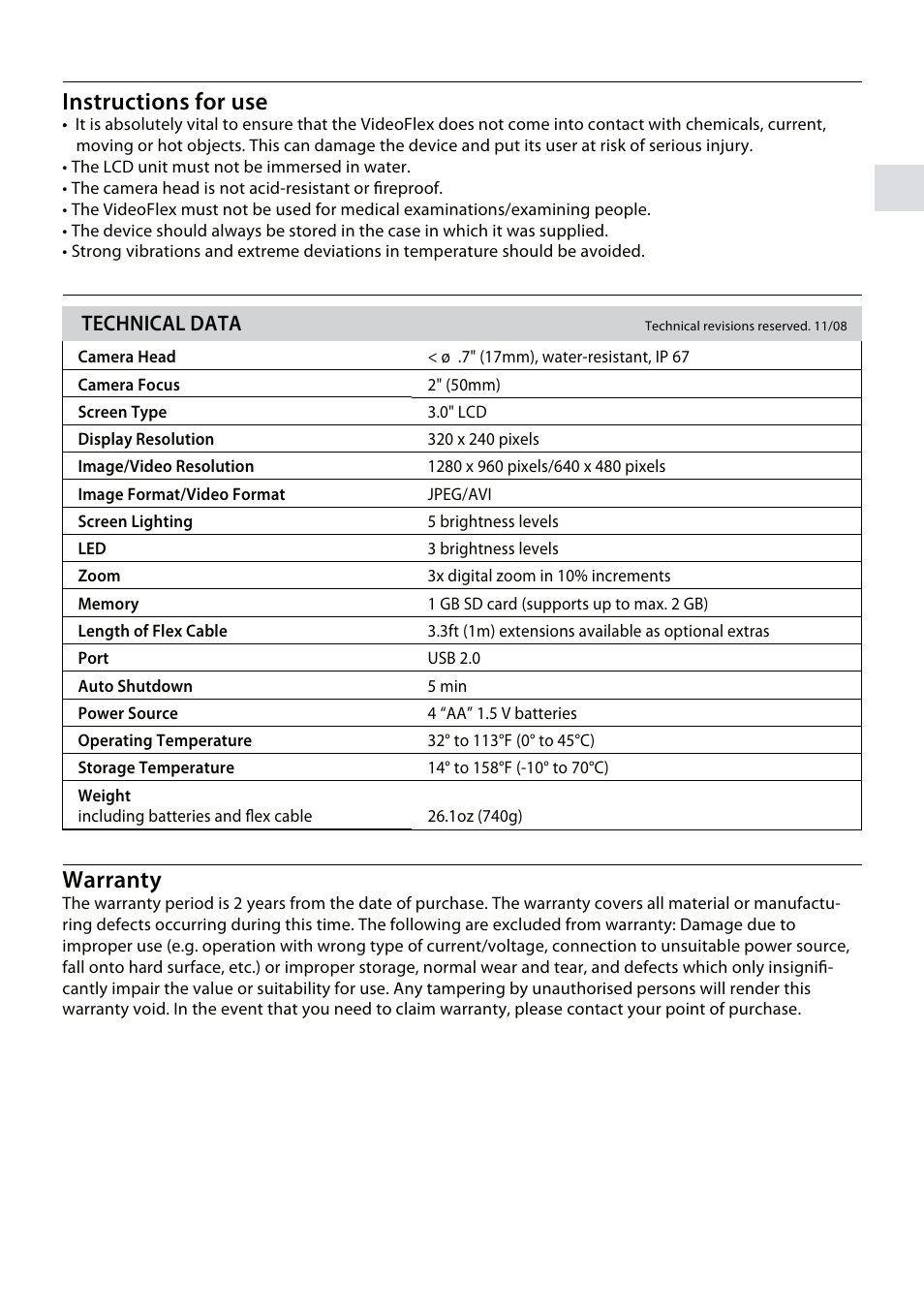 Warranty, Instructions for use, Technical data | General Tools and Instruments DCS700 User Manual | Page 9 / 10