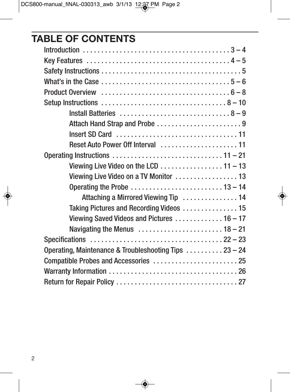 General Tools and Instruments DCS800 User Manual | Page 2 / 28