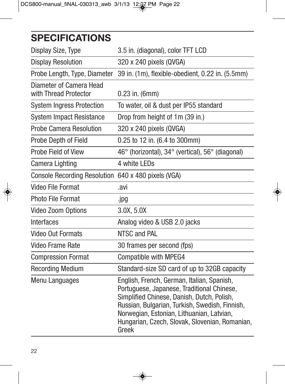 Specifications | General Tools and Instruments DCS800 User Manual | Page 22 / 28