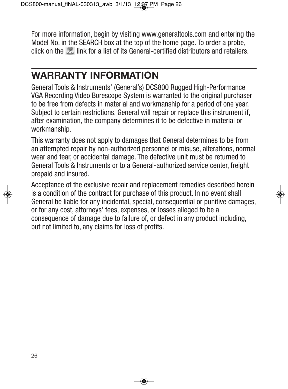 Warranty information | General Tools and Instruments DCS800 User Manual | Page 26 / 28