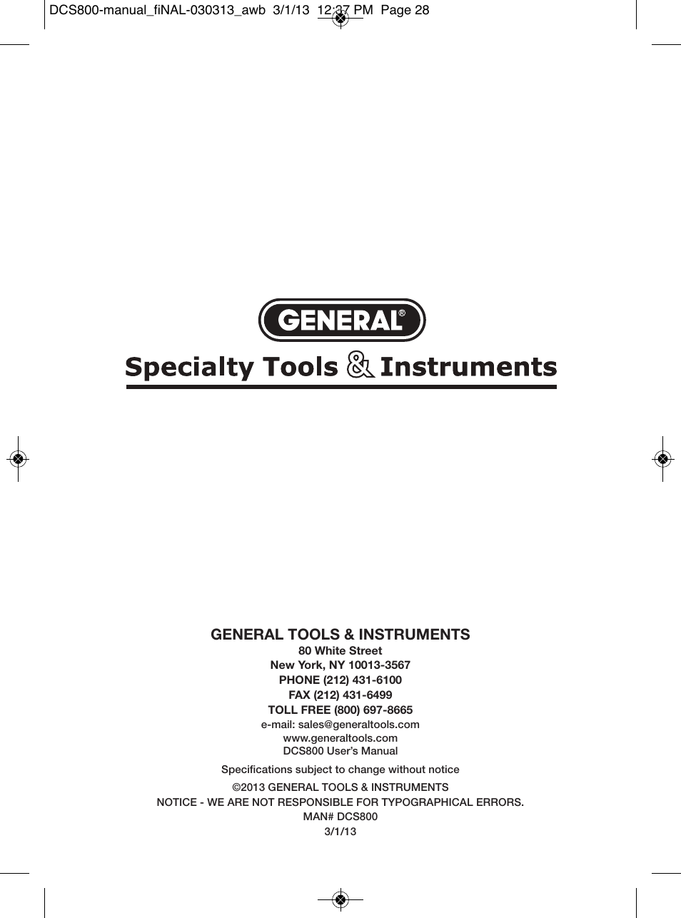 General tools & instruments | General Tools and Instruments DCS800 User Manual | Page 28 / 28