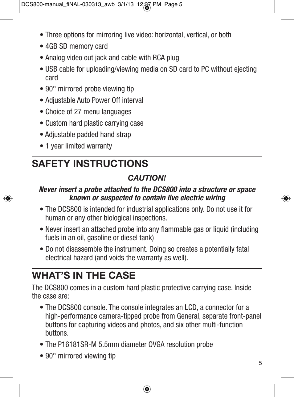 Safety instructions, What’s in the case | General Tools and Instruments DCS800 User Manual | Page 5 / 28