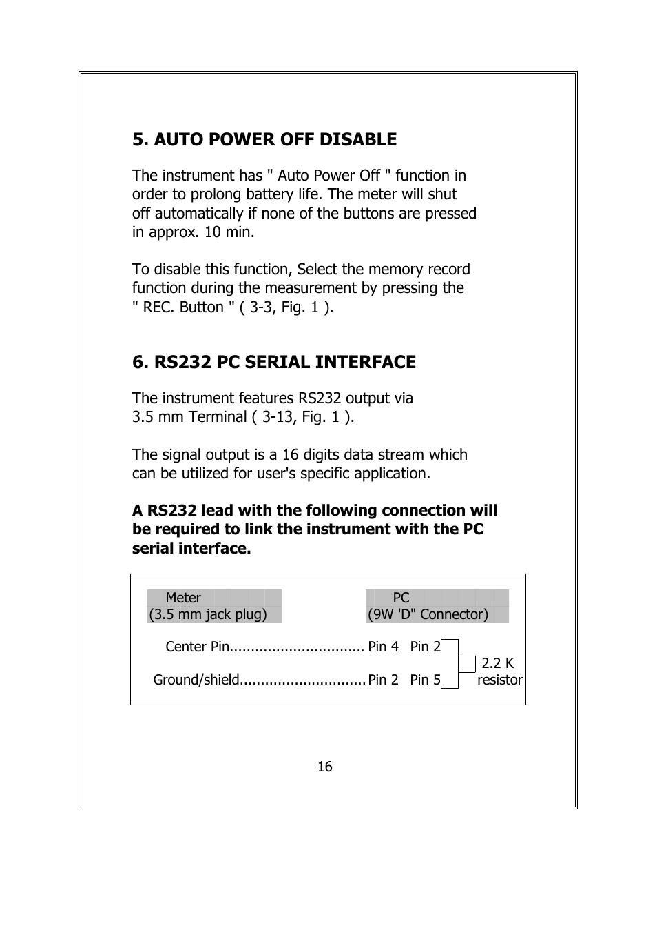 Auto power off disable, Rs232 pc serial interface | General Tools and Instruments DCT2001 User Manual | Page 18 / 21