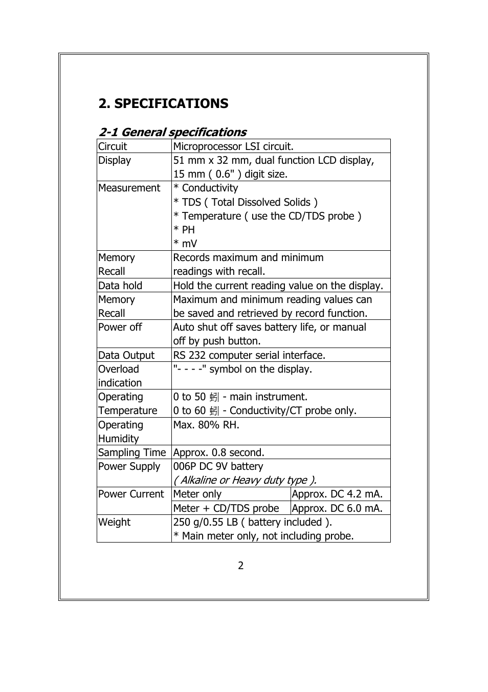 Specifications | General Tools and Instruments DCT2001 User Manual | Page 4 / 21