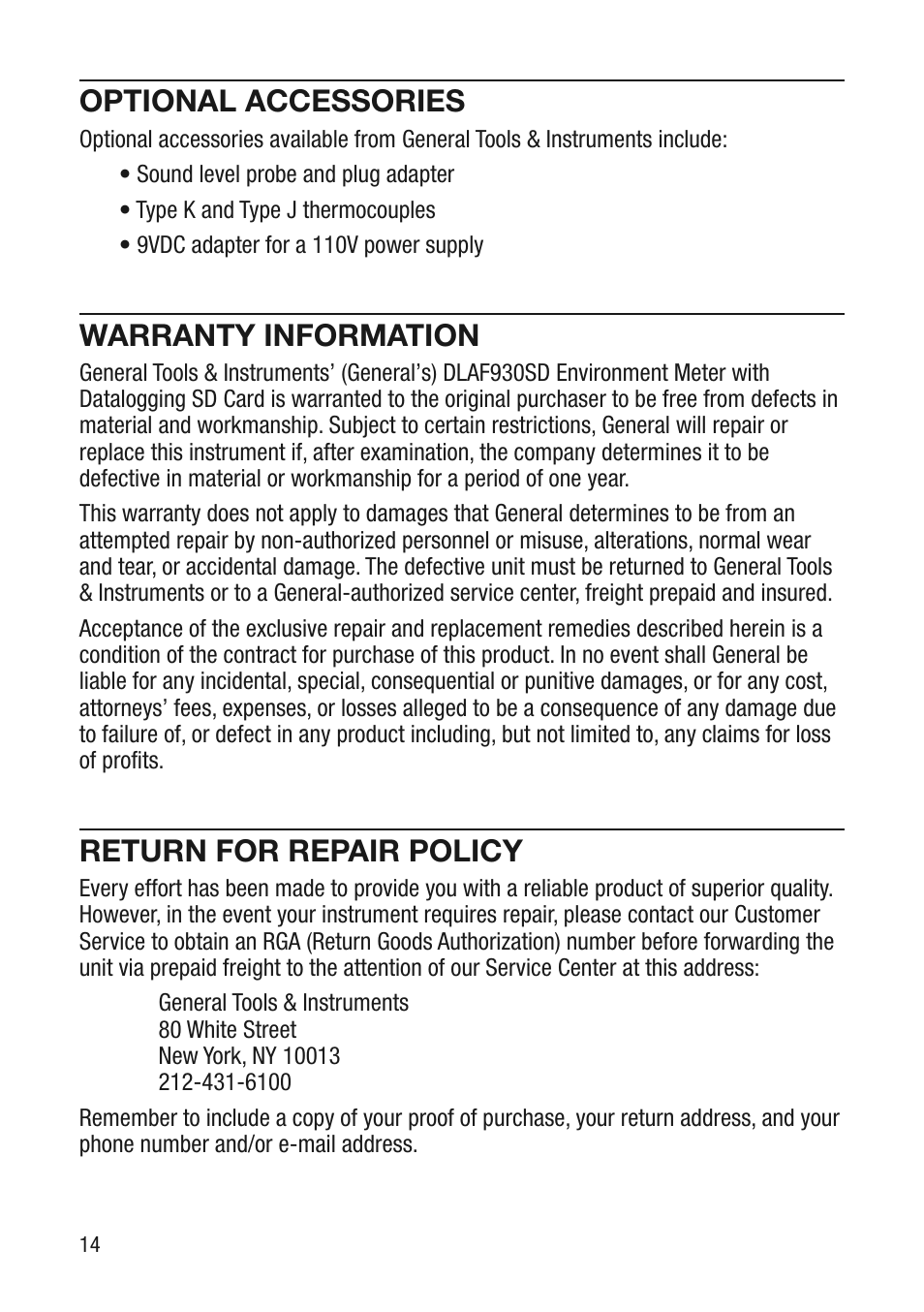 Optional accessories, Warranty information, Return for repair policy | General Tools and Instruments DLAF930SD User Manual | Page 14 / 16