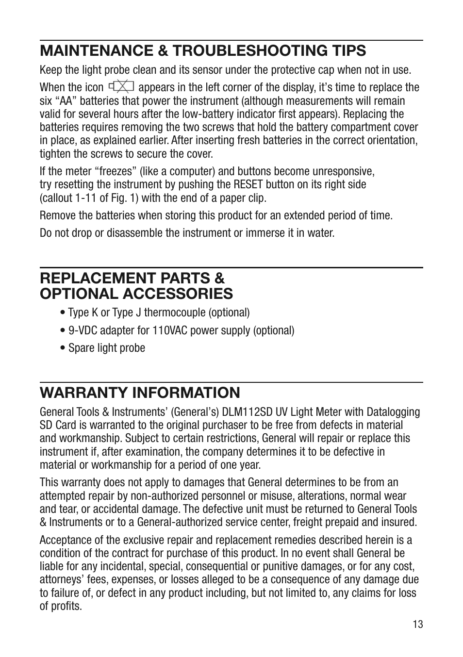 Maintenance & troubleshooting tips, Replacement parts & optional accessories, Warranty information | General Tools and Instruments DLM112SD User Manual | Page 13 / 16