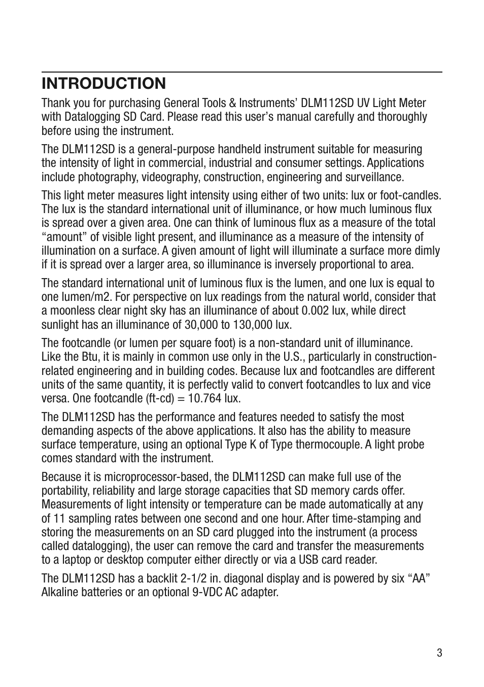 Introduction | General Tools and Instruments DLM112SD User Manual | Page 3 / 16