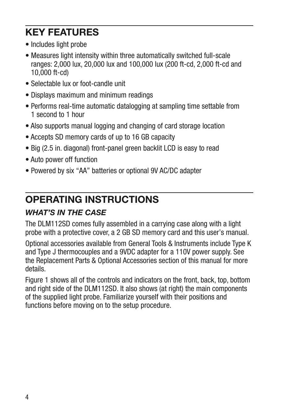Key features, Operating instructions | General Tools and Instruments DLM112SD User Manual | Page 4 / 16