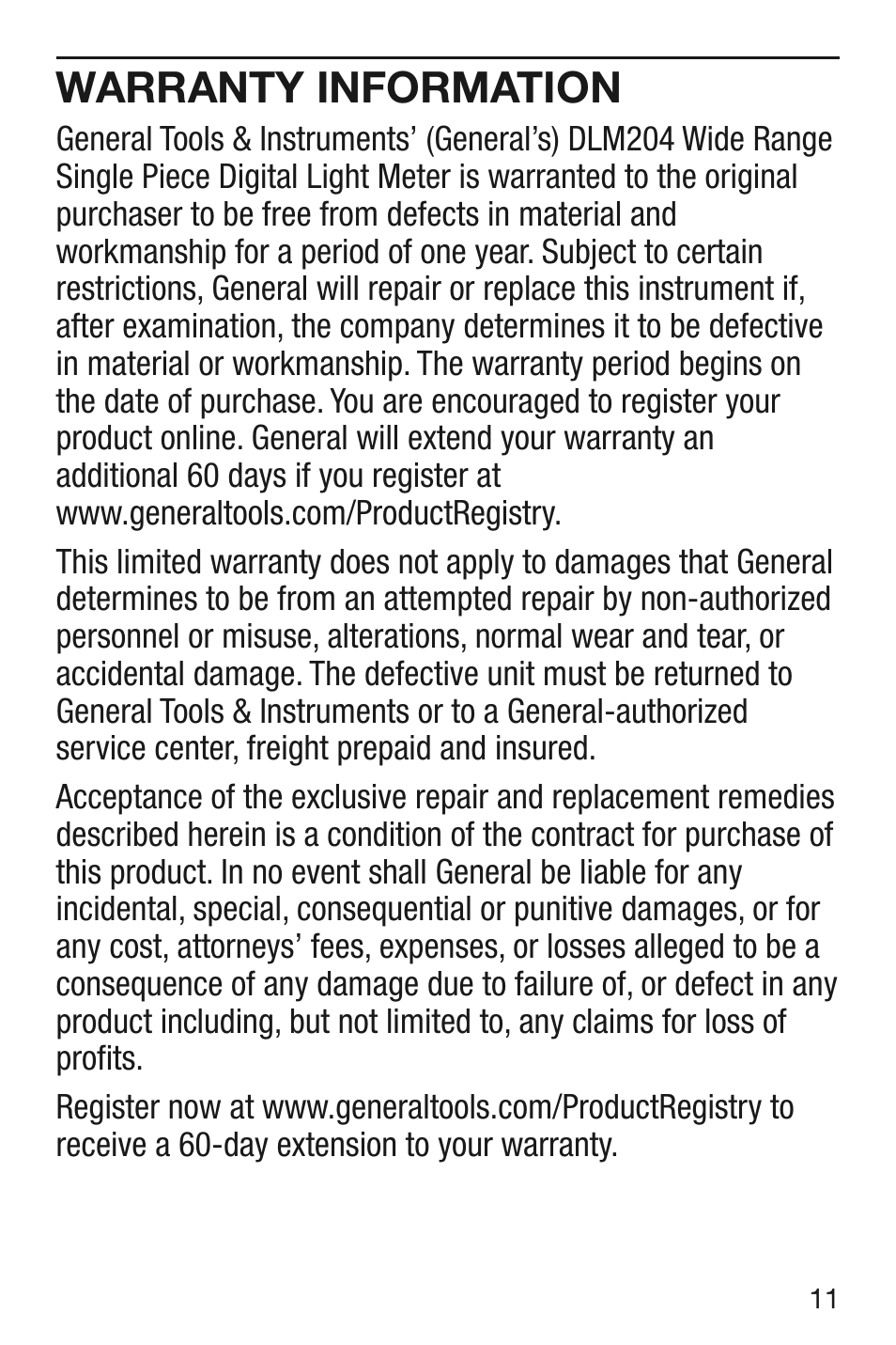 Warranty information | General Tools and Instruments DLM204 User Manual | Page 11 / 12