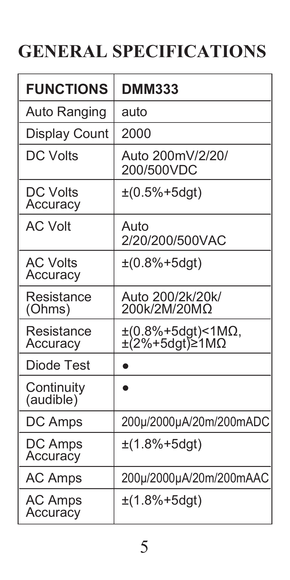 5general specifications | General Tools and Instruments DMM333 User Manual | Page 5 / 28