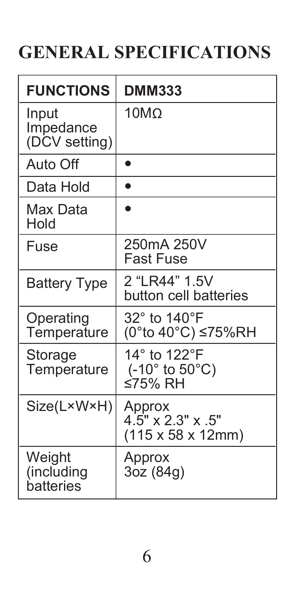 6general specifications | General Tools and Instruments DMM333 User Manual | Page 6 / 28