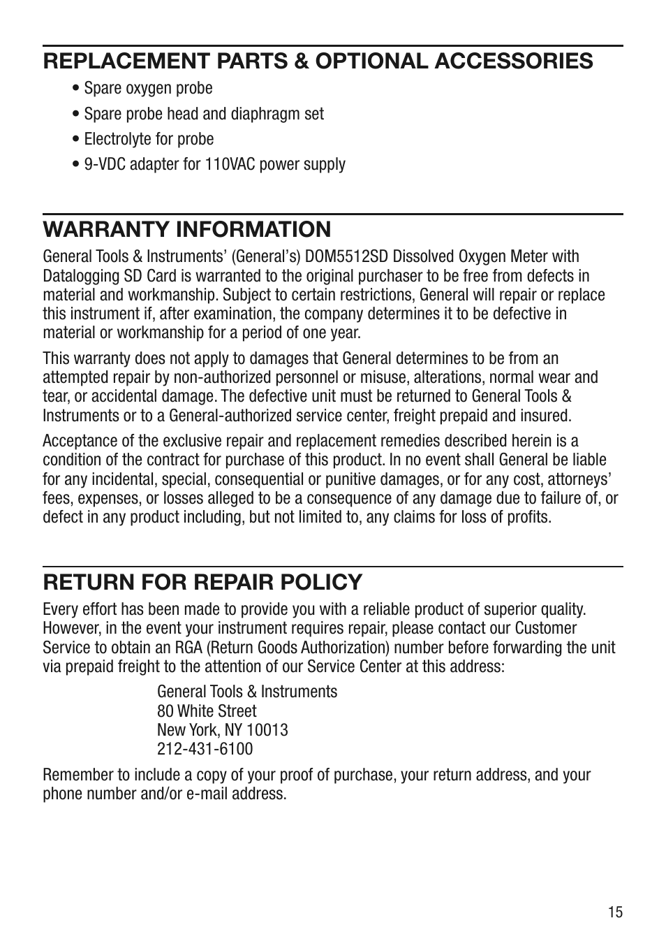 Replacement parts & optional accessories, Warranty information, Return for repair policy | General Tools and Instruments DOM5512SD User Manual | Page 15 / 16
