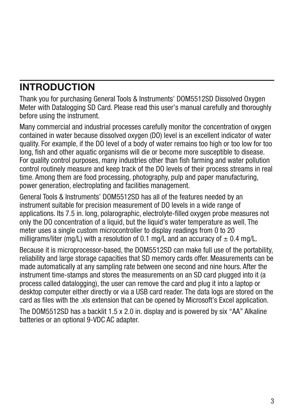 Introduction | General Tools and Instruments DOM5512SD User Manual | Page 3 / 16