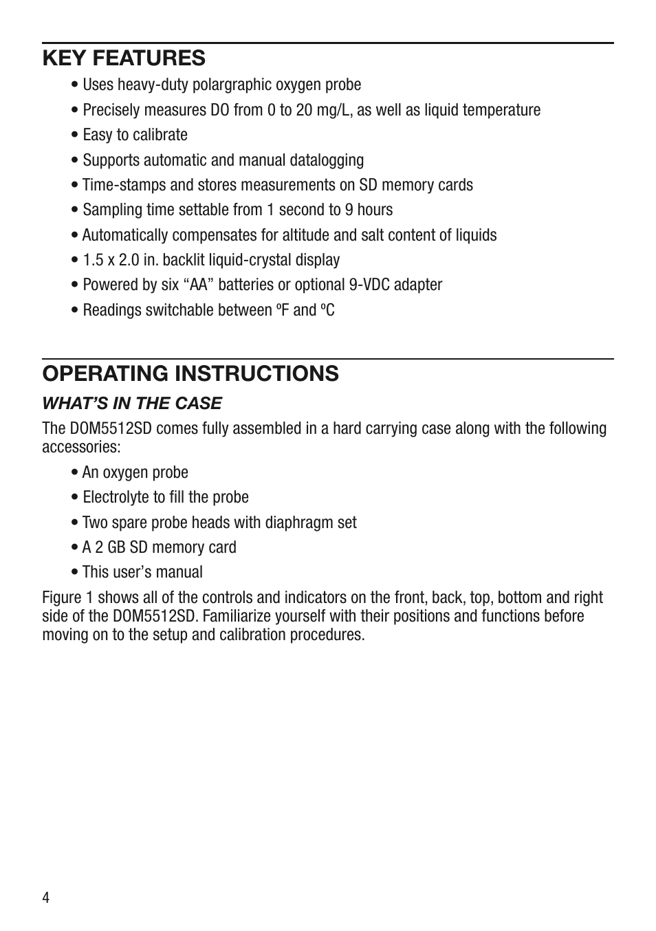 Key features, Operating instructions | General Tools and Instruments DOM5512SD User Manual | Page 4 / 16