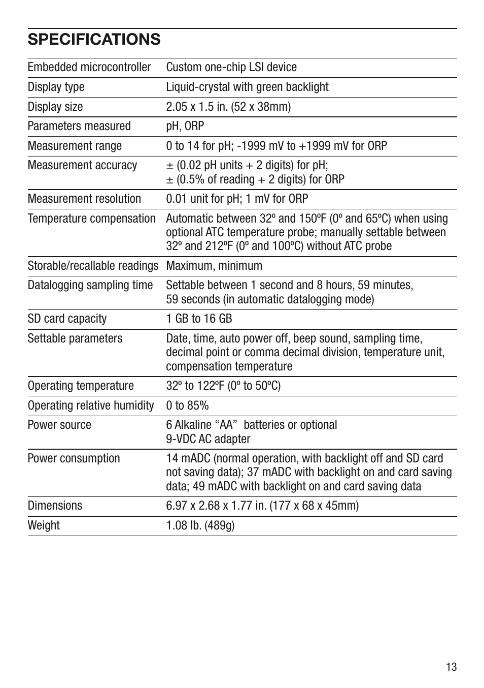 Specifications | General Tools and Instruments DPH230SD User Manual | Page 13 / 16