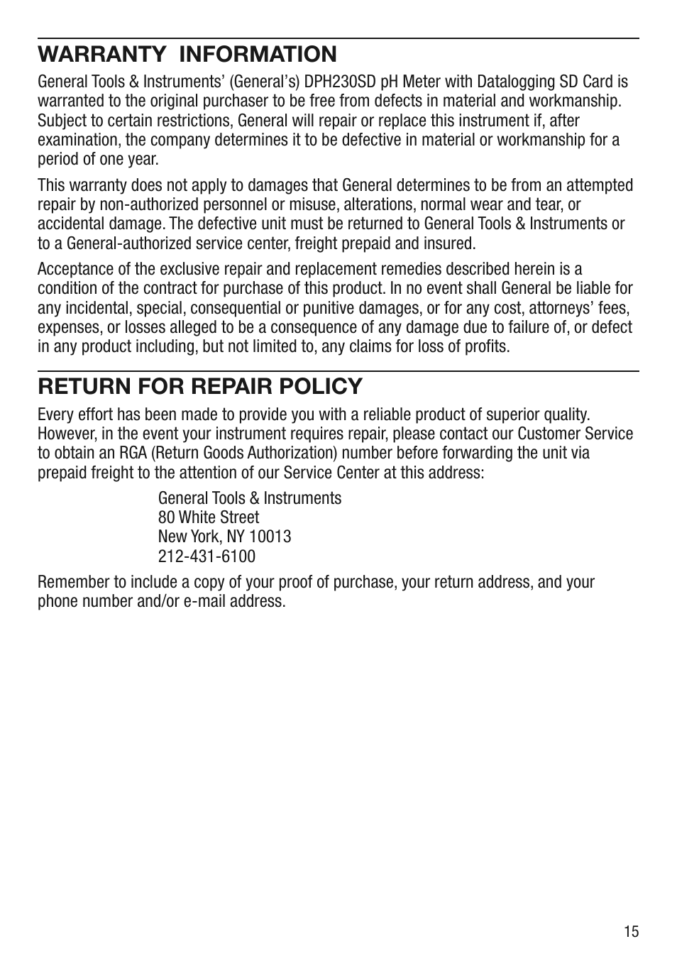 Warranty information, Return for repair policy | General Tools and Instruments DPH230SD User Manual | Page 15 / 16