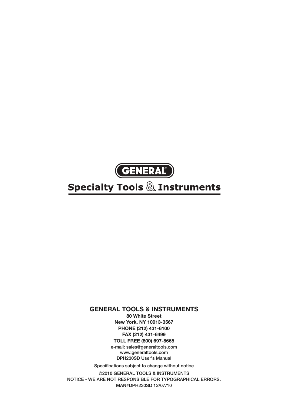 General tools & instruments | General Tools and Instruments DPH230SD User Manual | Page 16 / 16