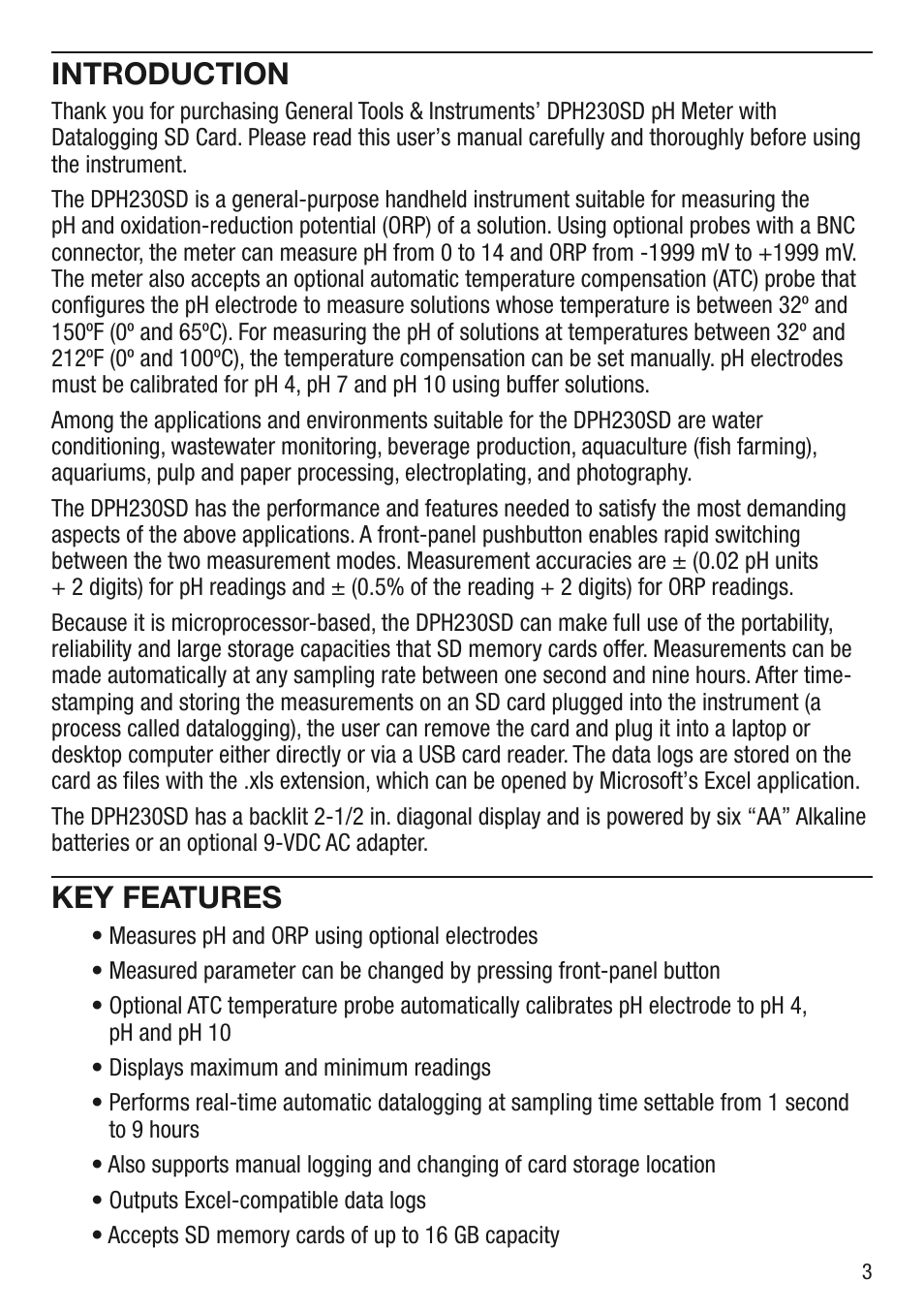 Introduction, Key features | General Tools and Instruments DPH230SD User Manual | Page 3 / 16