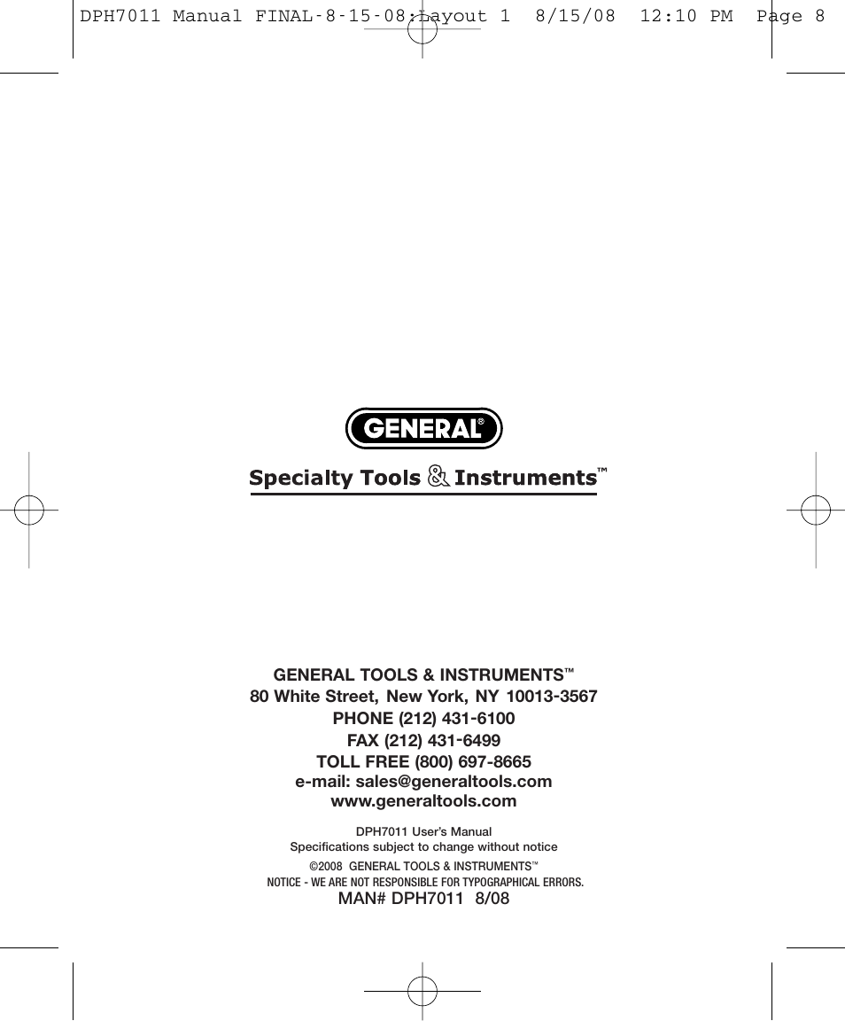 General Tools and Instruments DPH7011 User Manual | Page 8 / 8