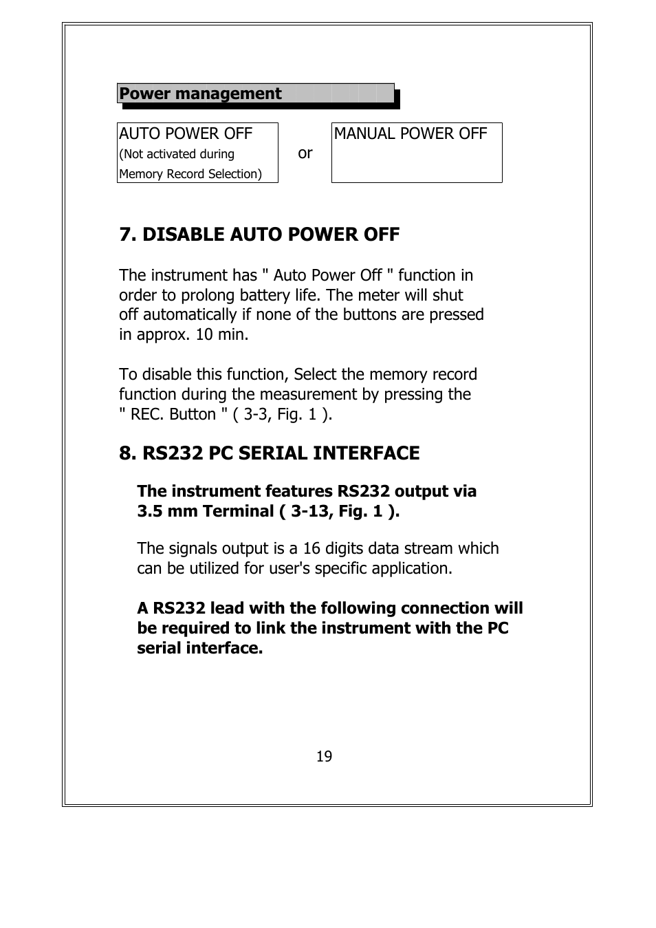 Disable auto power off, Rs232 pc serial interface | General Tools and Instruments DPHC2001 User Manual | Page 21 / 25