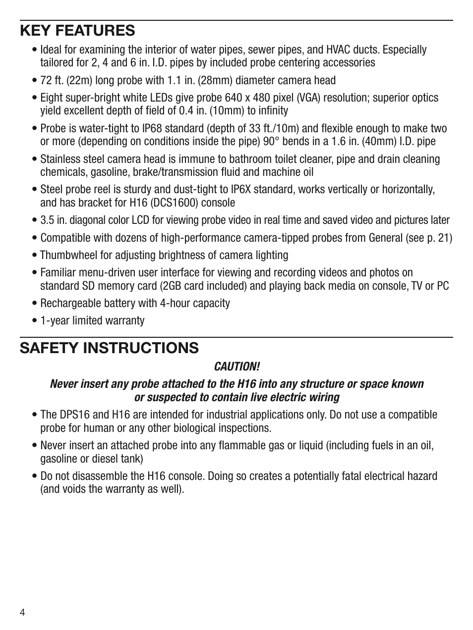 Key features, Safety instructions | General Tools and Instruments DPS16 User Manual | Page 4 / 24