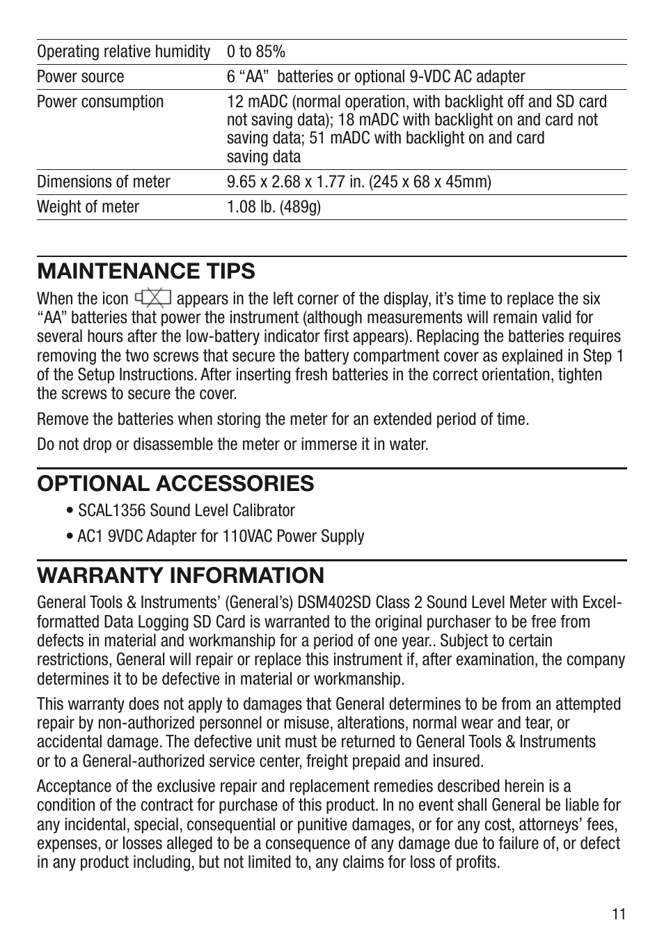 Maintenance tips, Optional accessories, Warranty information | General Tools and Instruments DSM402SD User Manual | Page 11 / 12