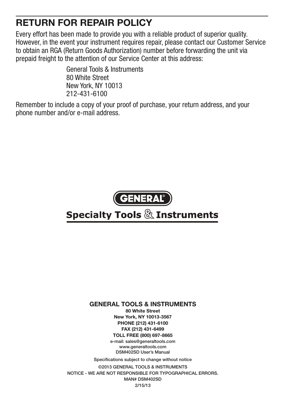 Return for repair policy, General tools & instruments | General Tools and Instruments DSM402SD User Manual | Page 12 / 12