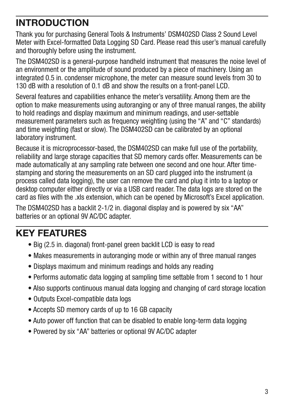 Introduction, Key features | General Tools and Instruments DSM402SD User Manual | Page 3 / 12