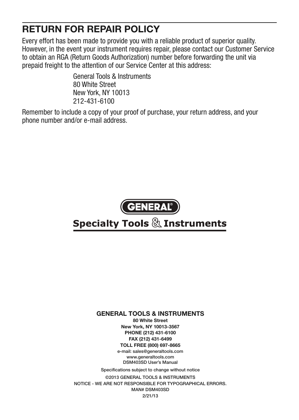 Return for repair policy | General Tools and Instruments DSM403SD User Manual | Page 12 / 12